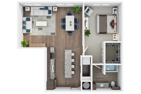 A top-down view of a modern apartment layout with a living room, dining area, kitchen, and bedroom.